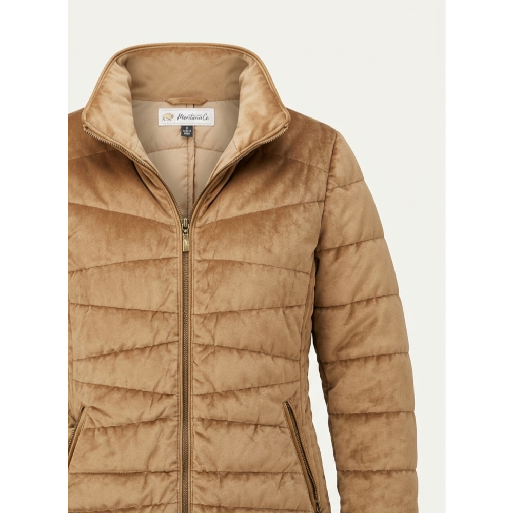 Montana Co. Women's Velvet Puffer Jacket Tan Quilted Full Zip Vintage Y2K Small